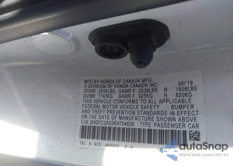 2019 Honda Civic Si z USA, uszkodzony, nr VIN 2HGFC3A55KH754606